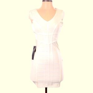 Brand New NWT $98 BEBE Creamy White Mesh Inset Cap Sleeve Bandage Dress SEXY!